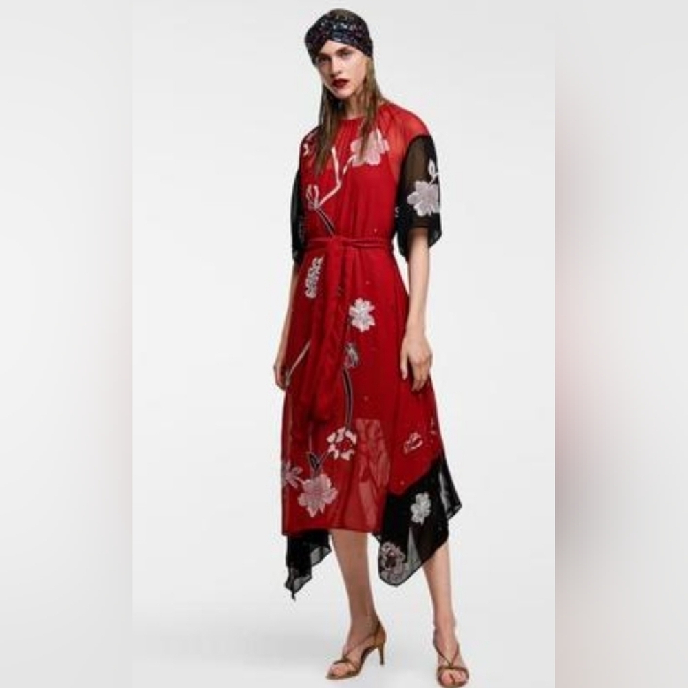 Zara Red Floral Asymmetrical Dress with Black Sheer Panels